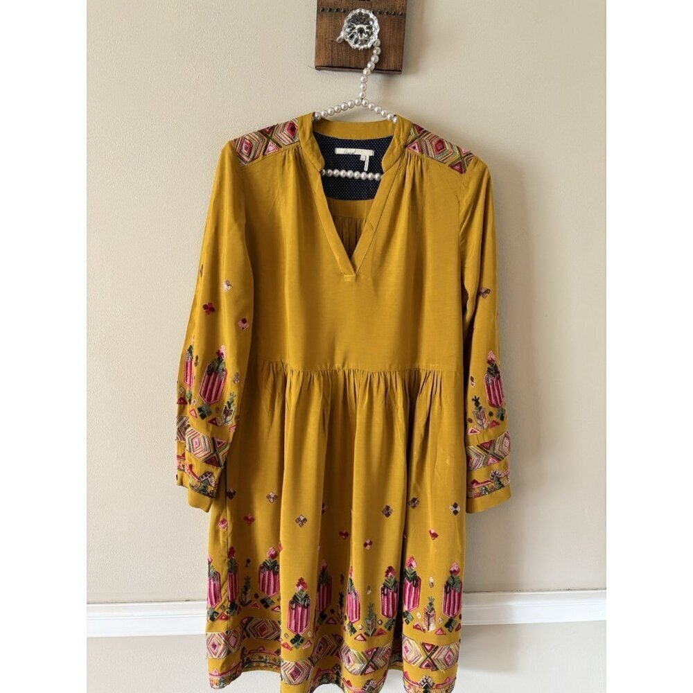 Anthropologie Floreat Womens Size XS Raella Dress Yellow Embroidered Floral Boho